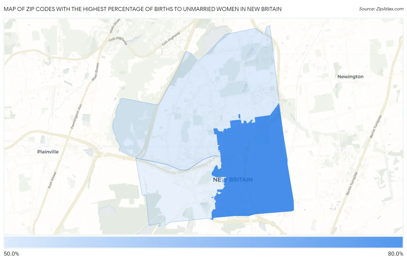 Zip Codes with the Highest Percentage of Births to Unmarried Women in New Britain Map