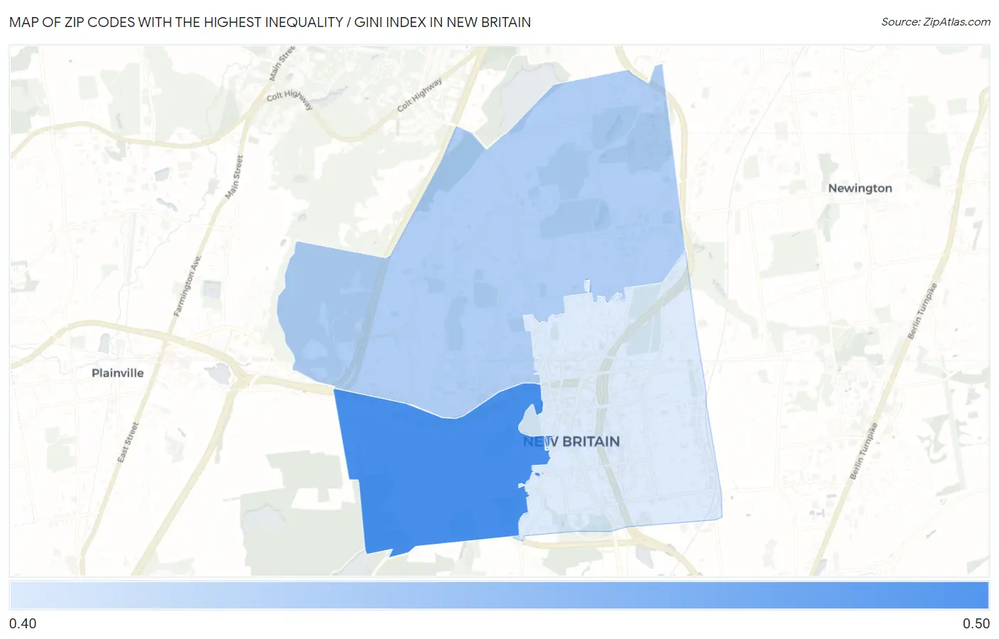 Zip Codes with the Highest Inequality / Gini Index in New Britain Map