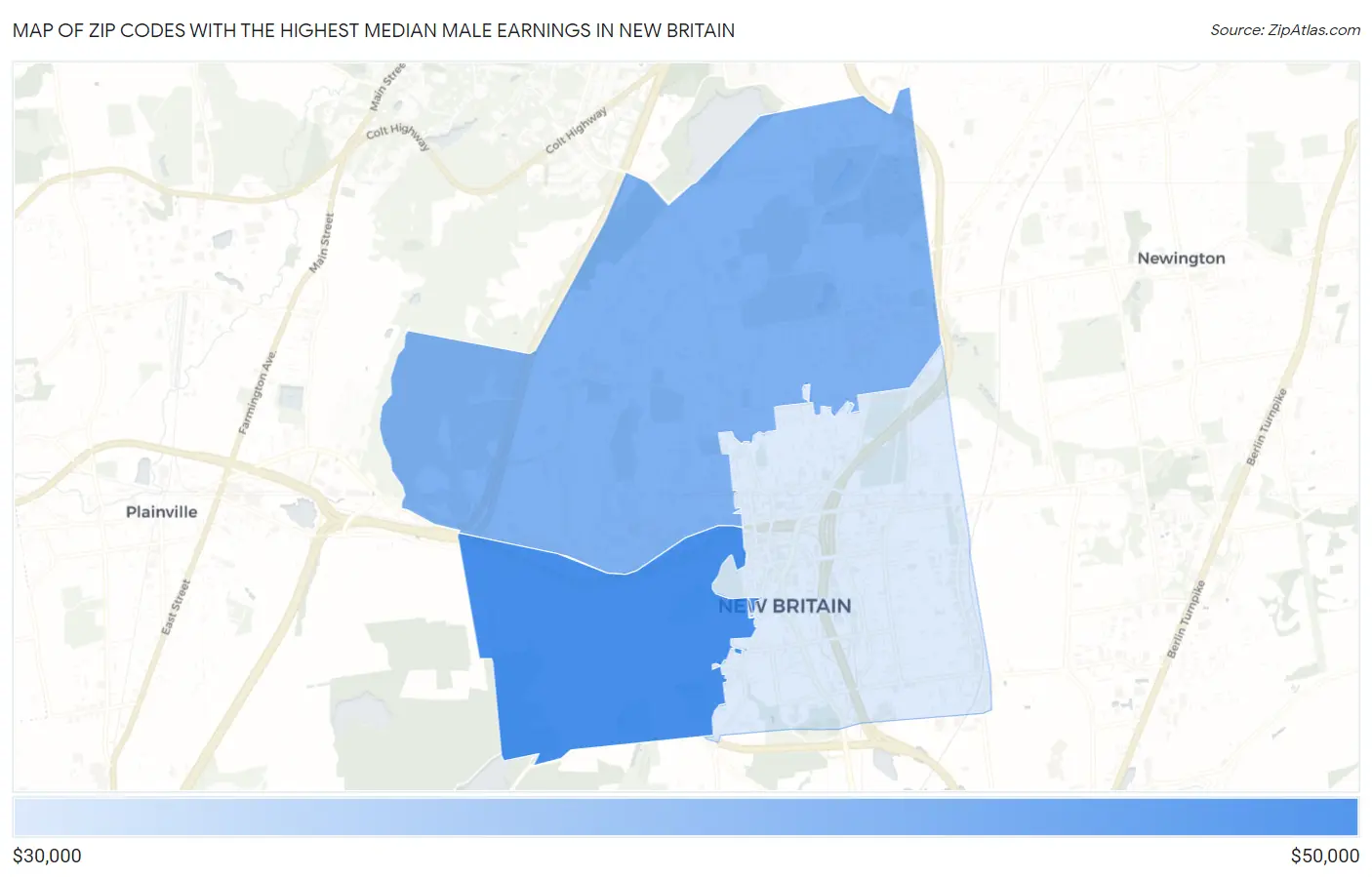 Zip Codes with the Highest Median Male Earnings in New Britain Map