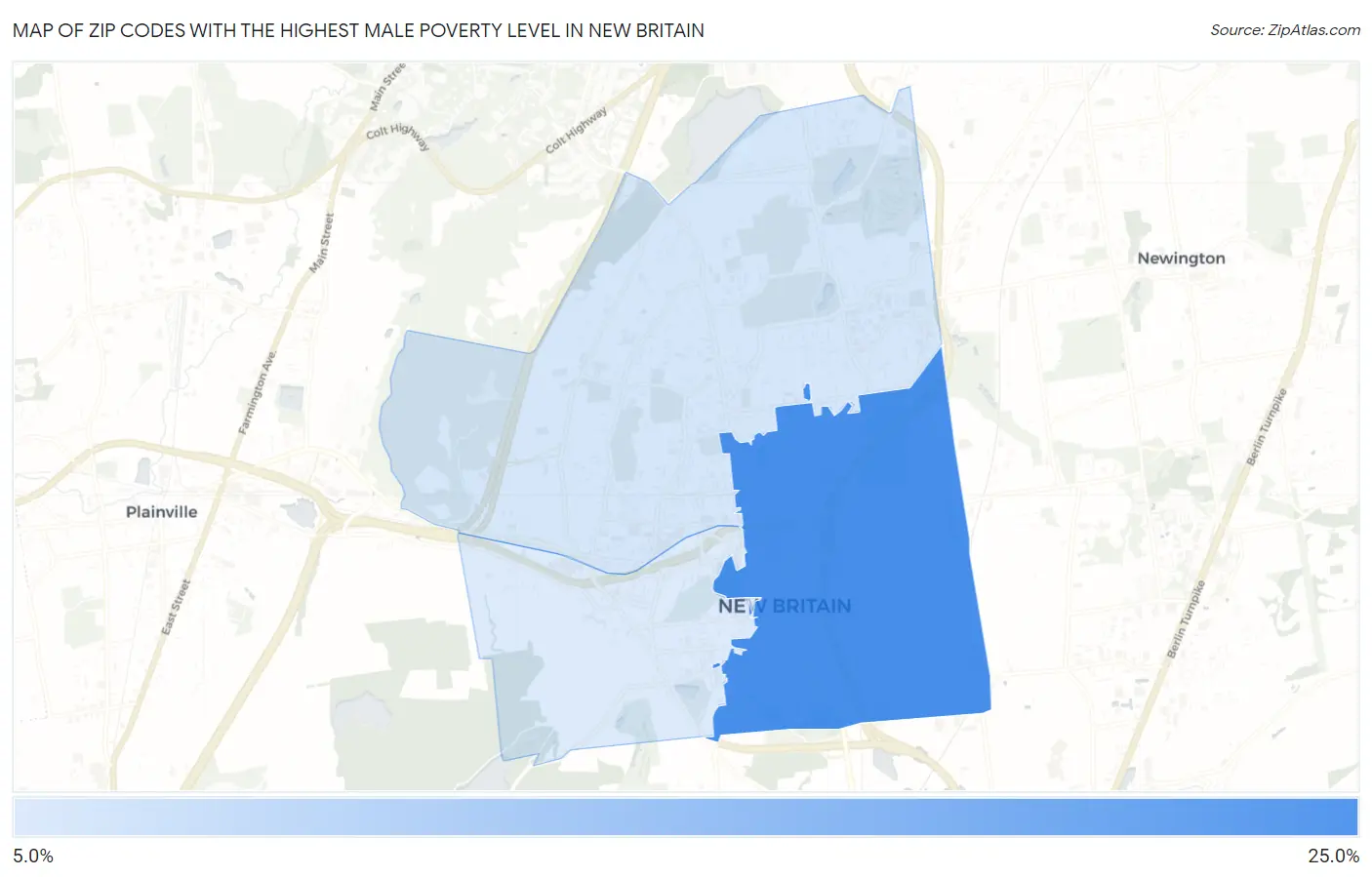Zip Codes with the Highest Male Poverty Level in New Britain Map