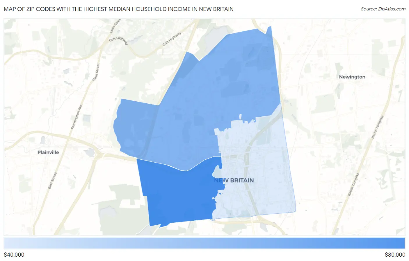 Zip Codes with the Highest Median Household Income in New Britain Map