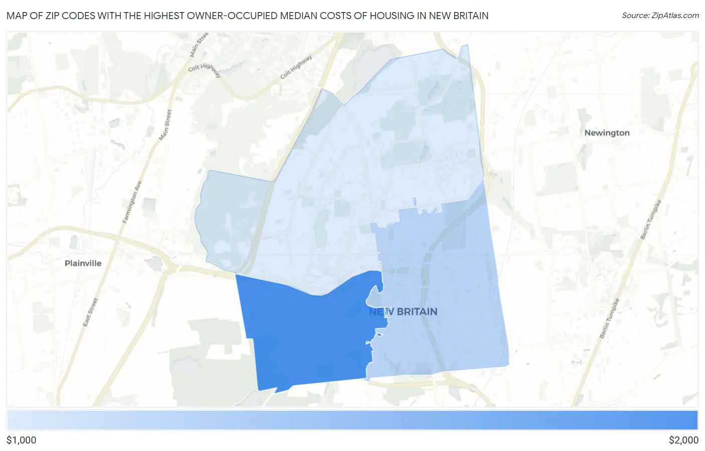 Zip Codes with the Highest Owner-Occupied Median Costs of Housing in New Britain Map