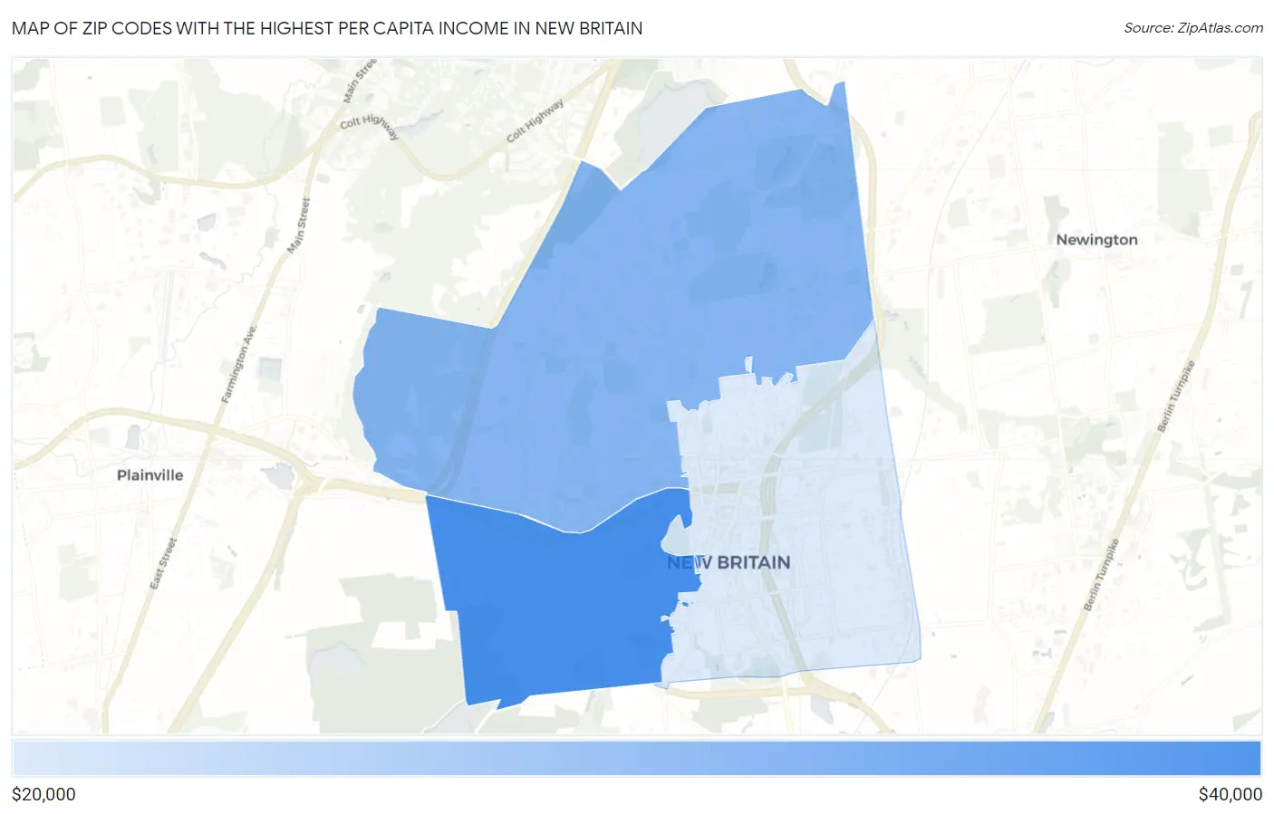 Zip Codes with the Highest Per Capita Income in New Britain Map