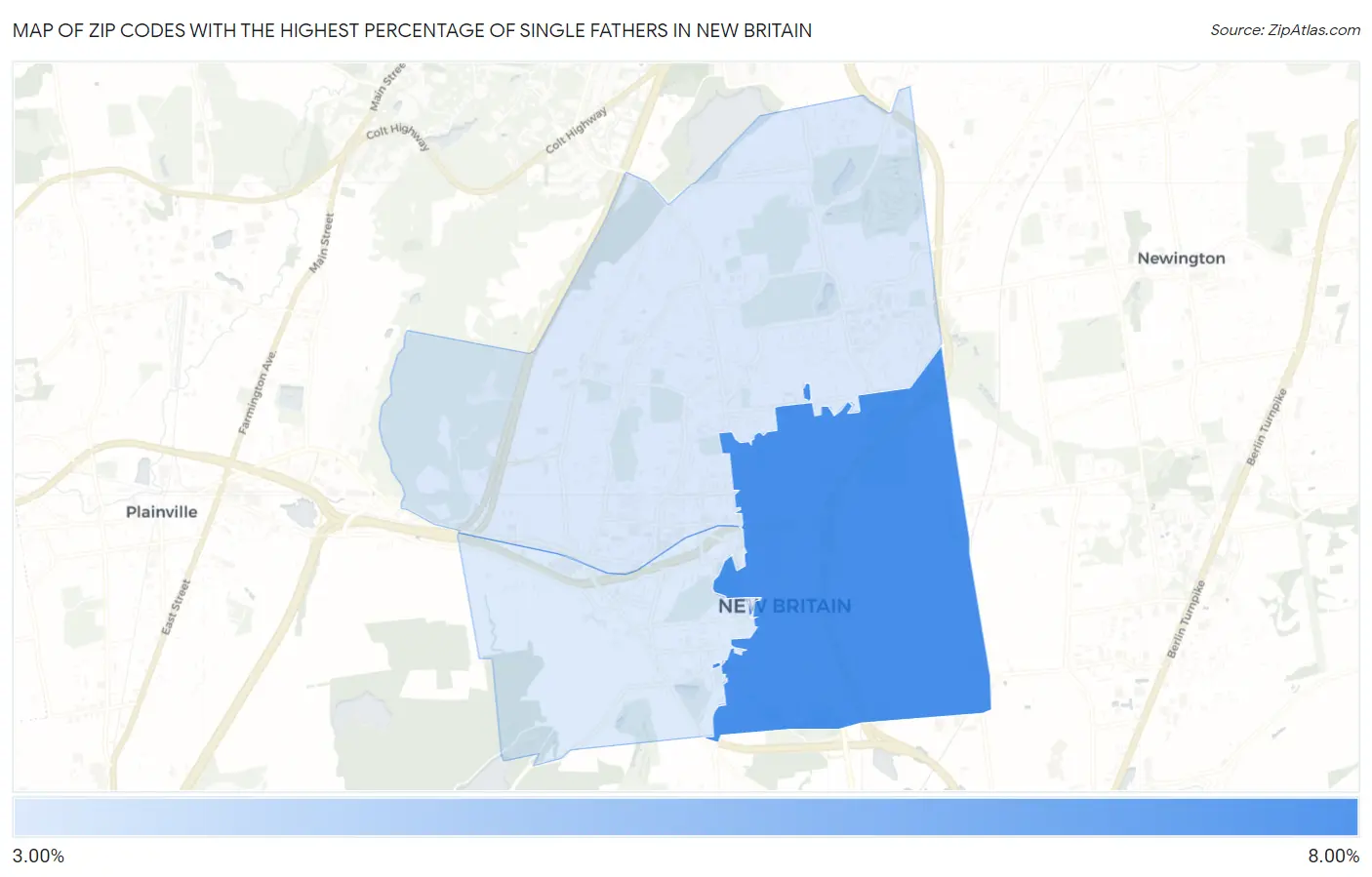 Zip Codes with the Highest Percentage of Single Fathers in New Britain Map
