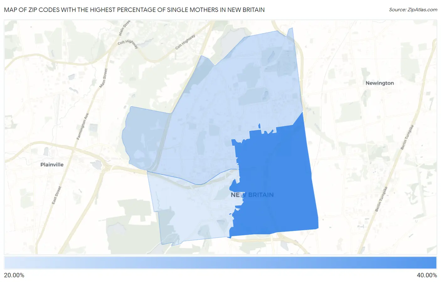 Zip Codes with the Highest Percentage of Single Mothers in New Britain Map
