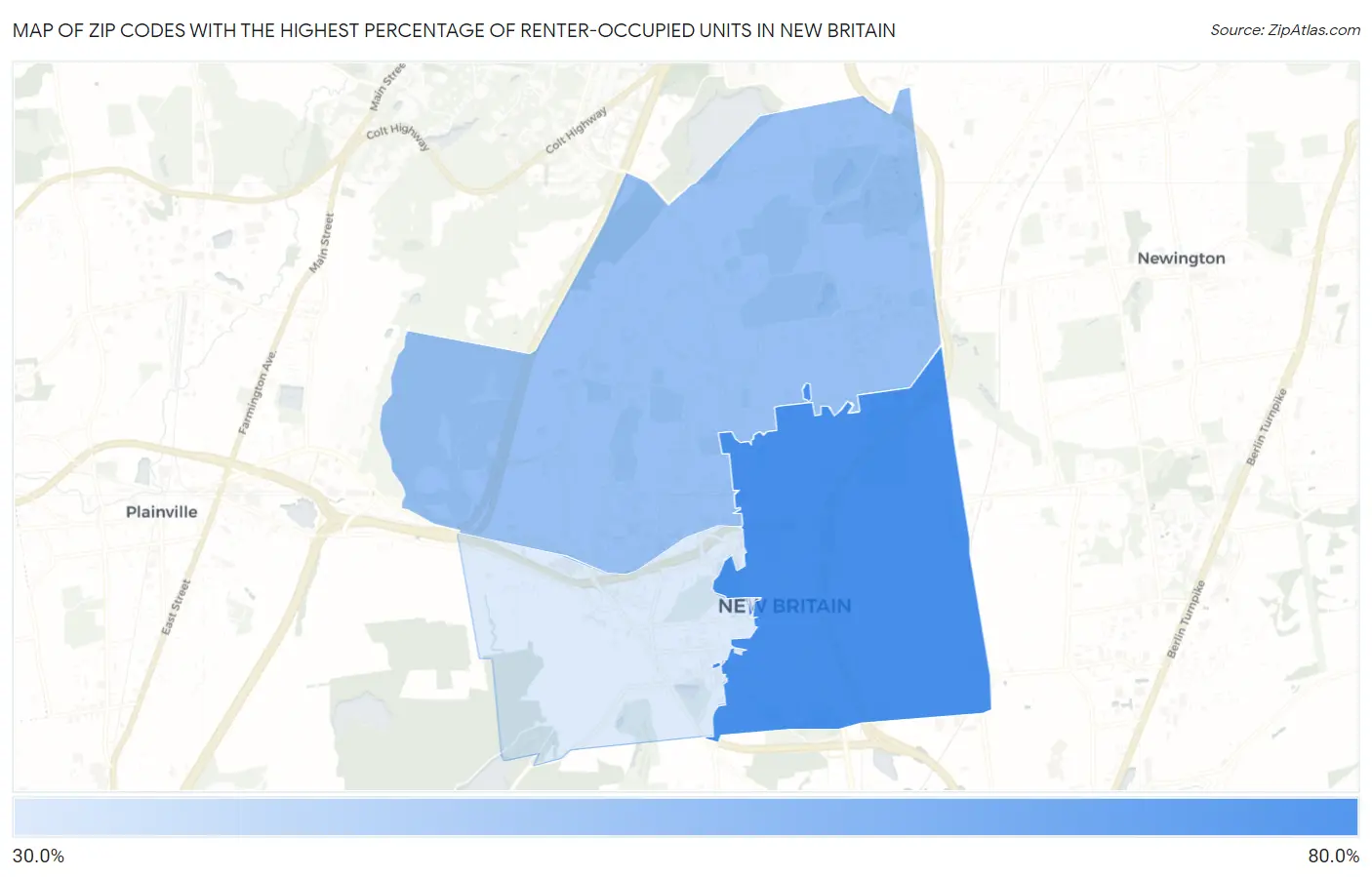 Zip Codes with the Highest Percentage of Renter-Occupied Units in New Britain Map