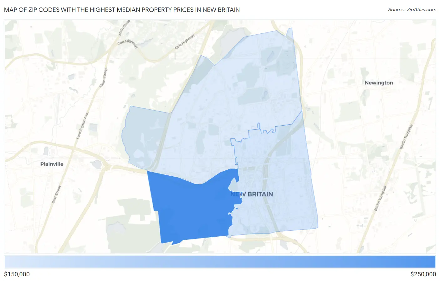 Zip Codes with the Highest Median Property Prices in New Britain Map