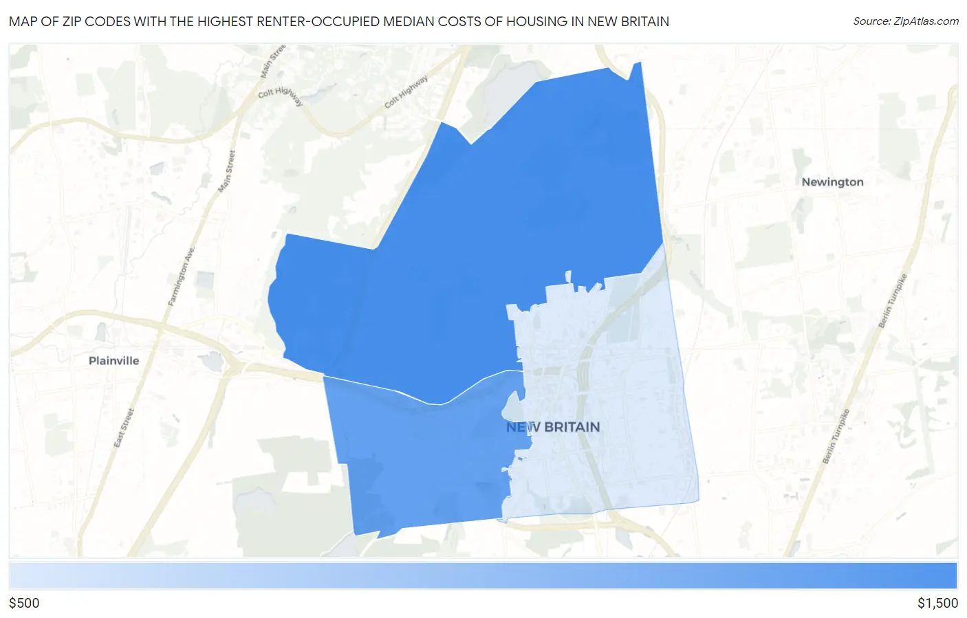 Zip Codes with the Highest Renter-Occupied Median Costs of Housing in New Britain Map