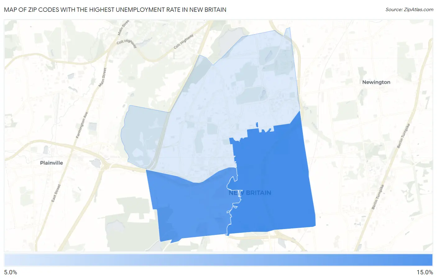 Zip Codes with the Highest Unemployment Rate in New Britain Map