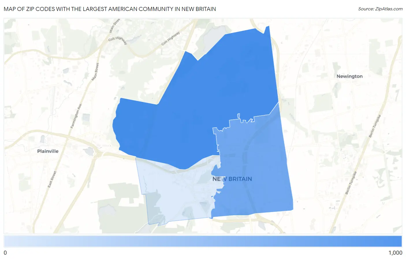 Zip Codes with the Largest American Community in New Britain Map