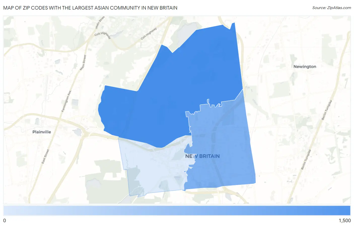Zip Codes with the Largest Asian Community in New Britain Map