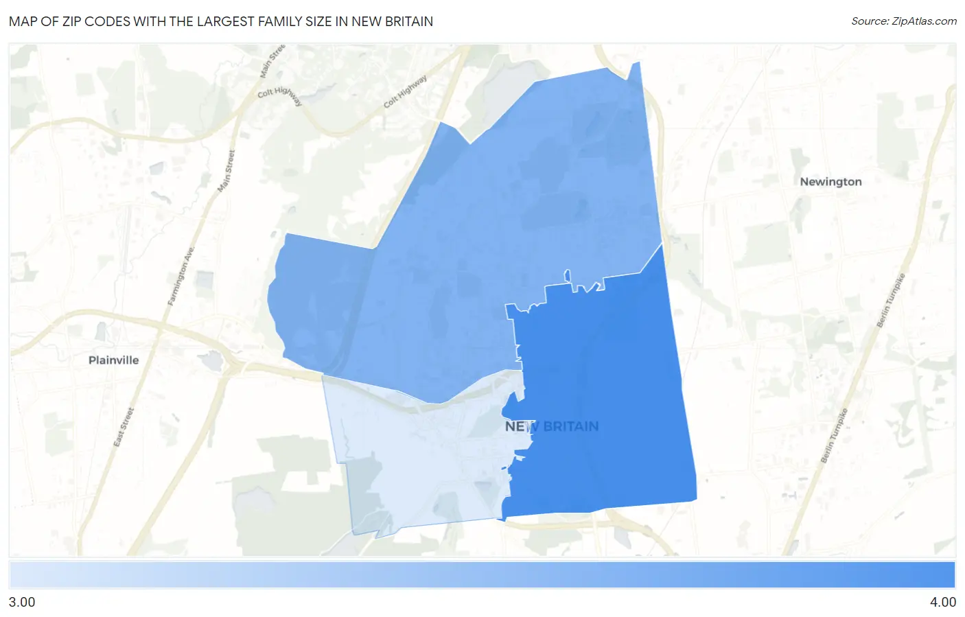 Zip Codes with the Largest Family Size in New Britain Map