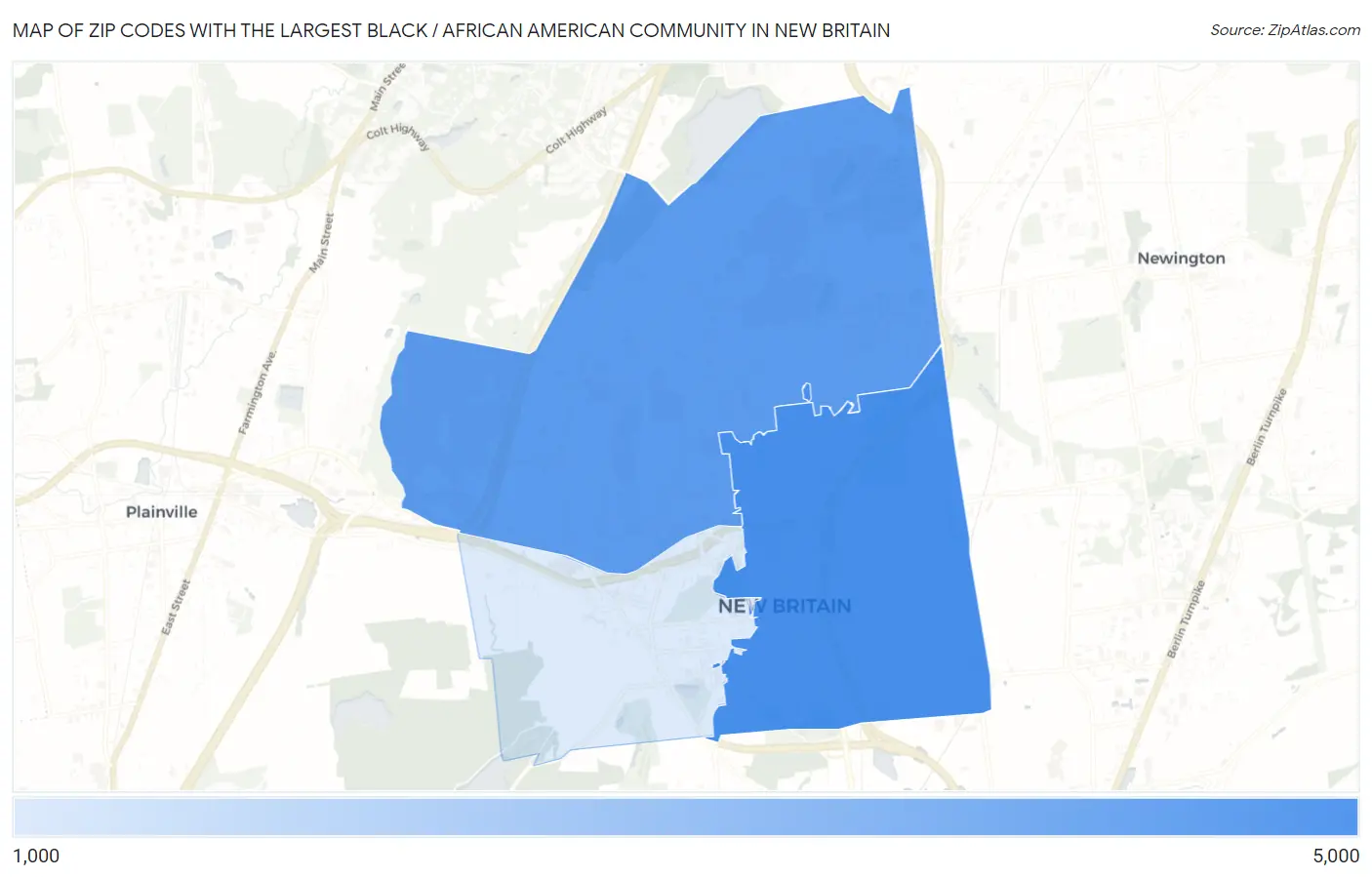 Zip Codes with the Largest Black / African American Community in New Britain Map