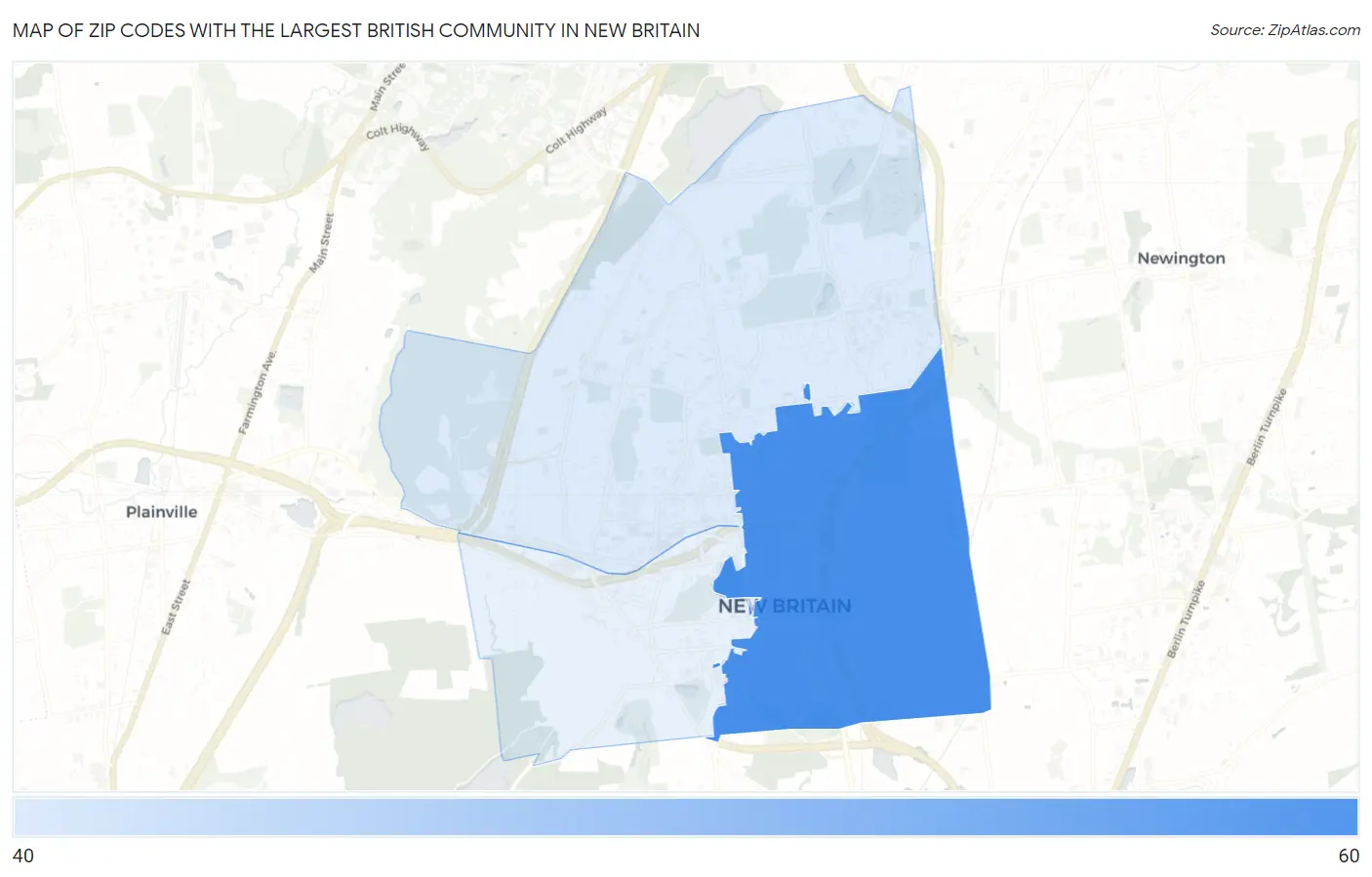 Zip Codes with the Largest British Community in New Britain Map