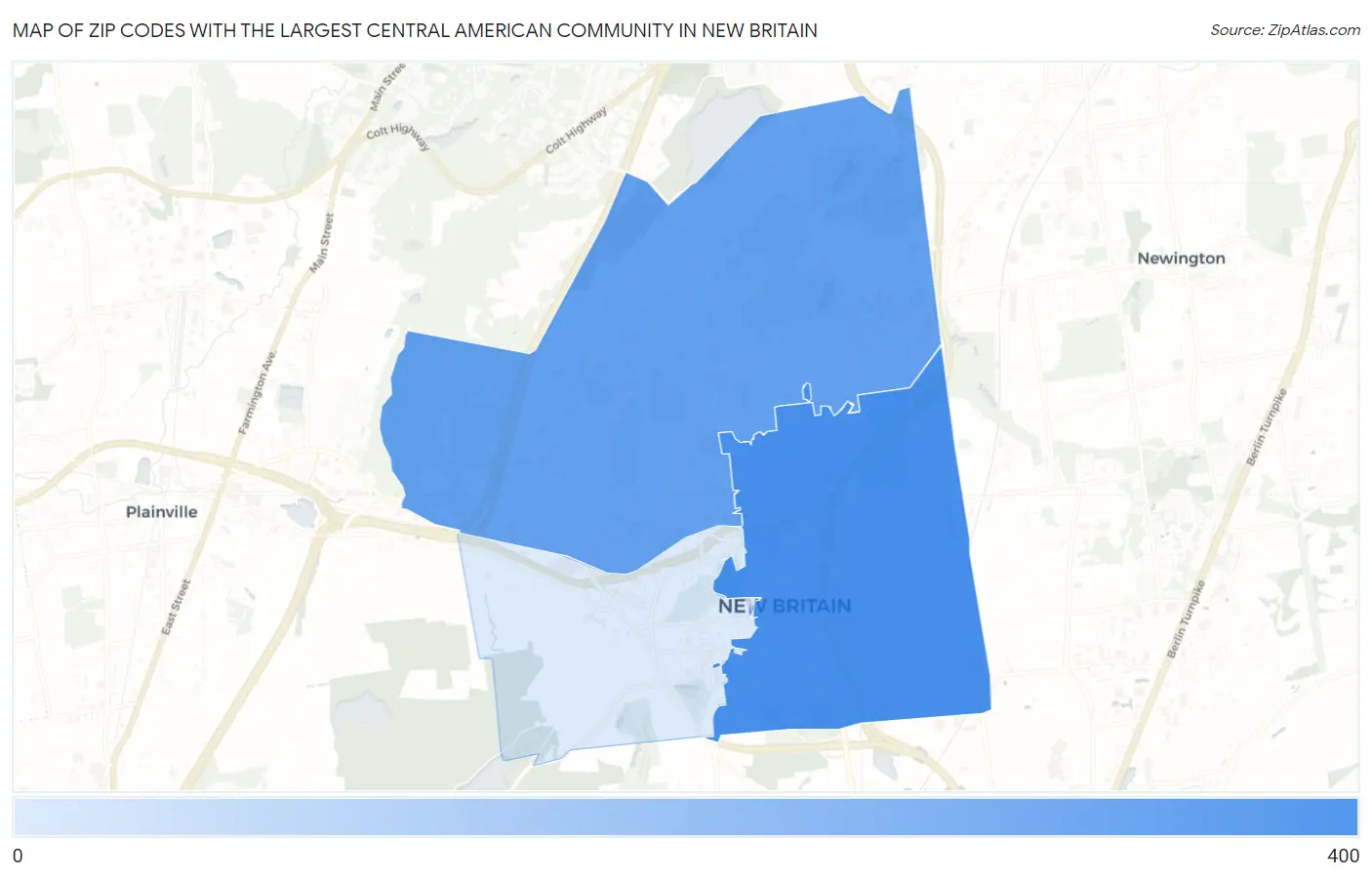 Zip Codes with the Largest Central American Community in New Britain Map