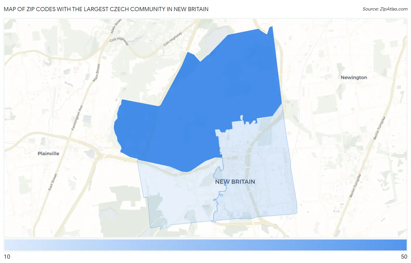 Zip Codes with the Largest Czech Community in New Britain Map