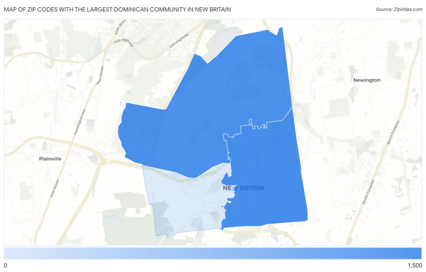 Zip Codes with the Largest Dominican Community in New Britain Map