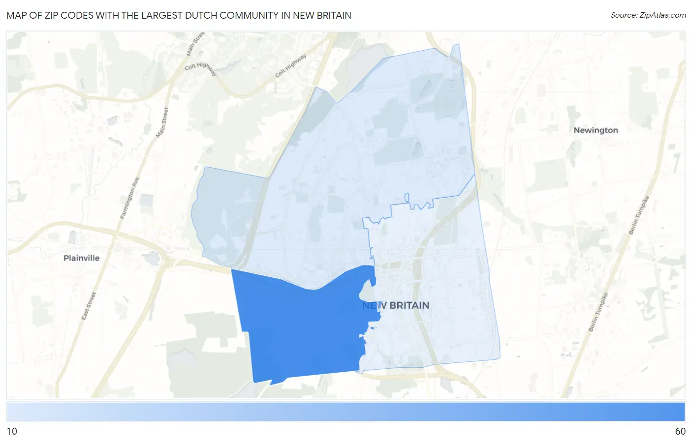 Zip Codes with the Largest Dutch Community in New Britain Map