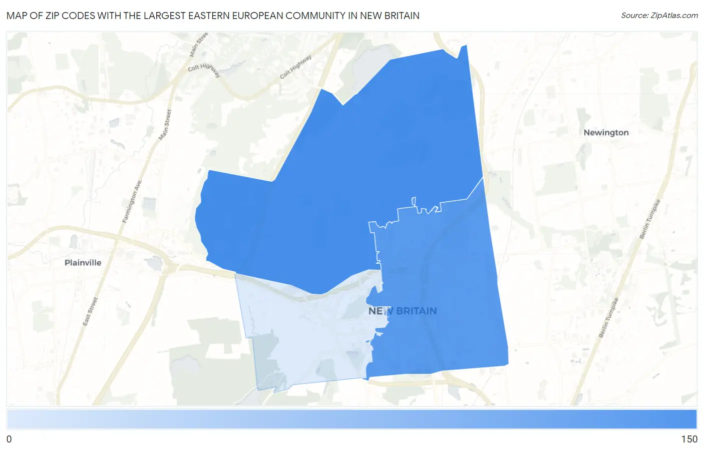Zip Codes with the Largest Eastern European Community in New Britain Map