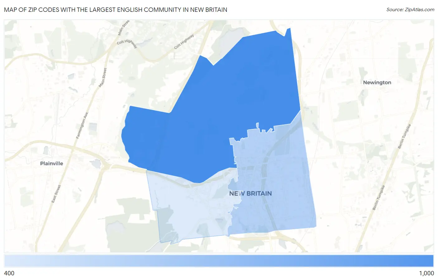 Zip Codes with the Largest English Community in New Britain Map