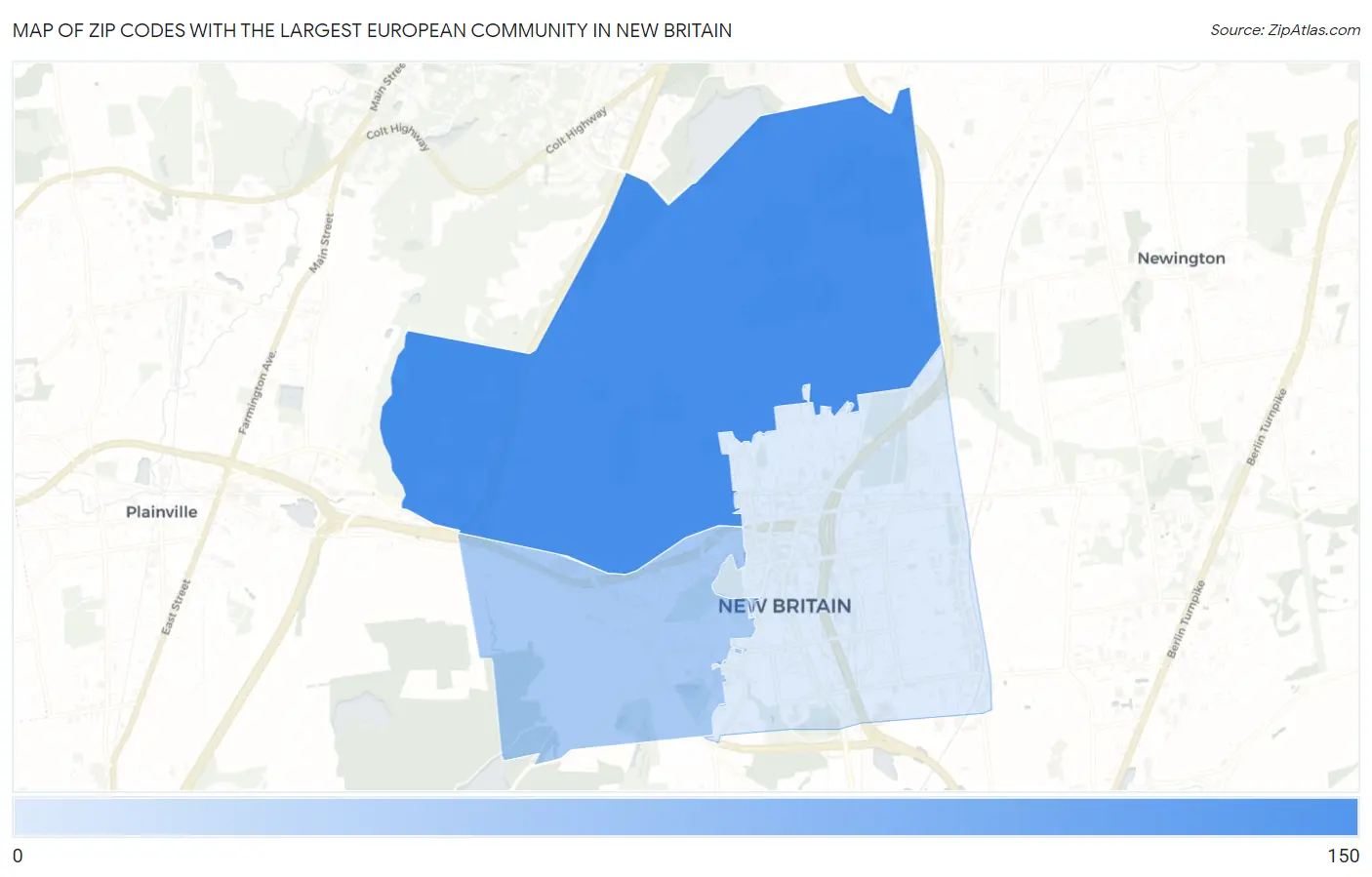 Zip Codes with the Largest European Community in New Britain Map