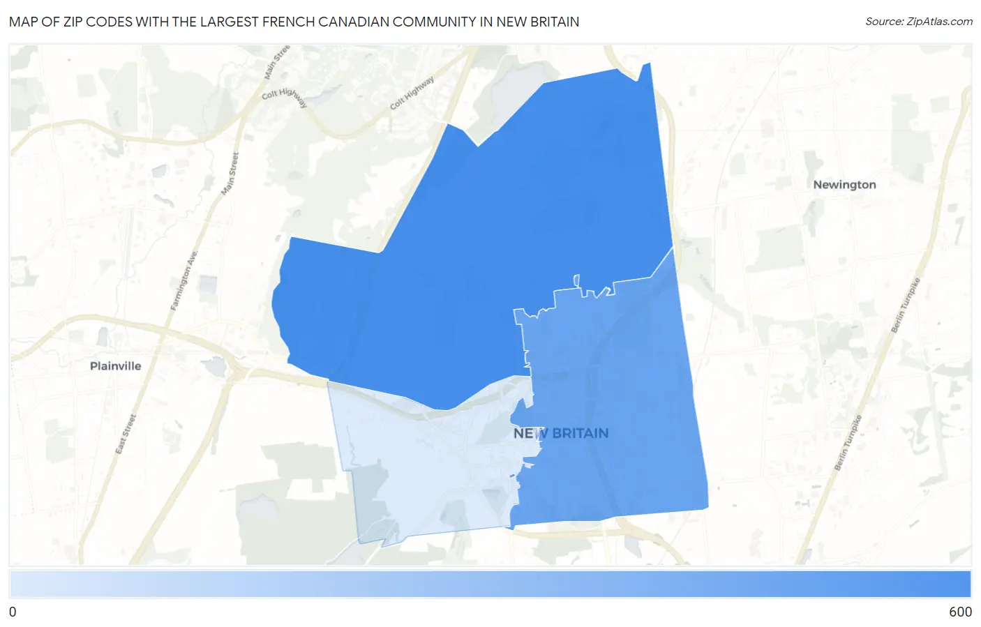 Zip Codes with the Largest French Canadian Community in New Britain Map