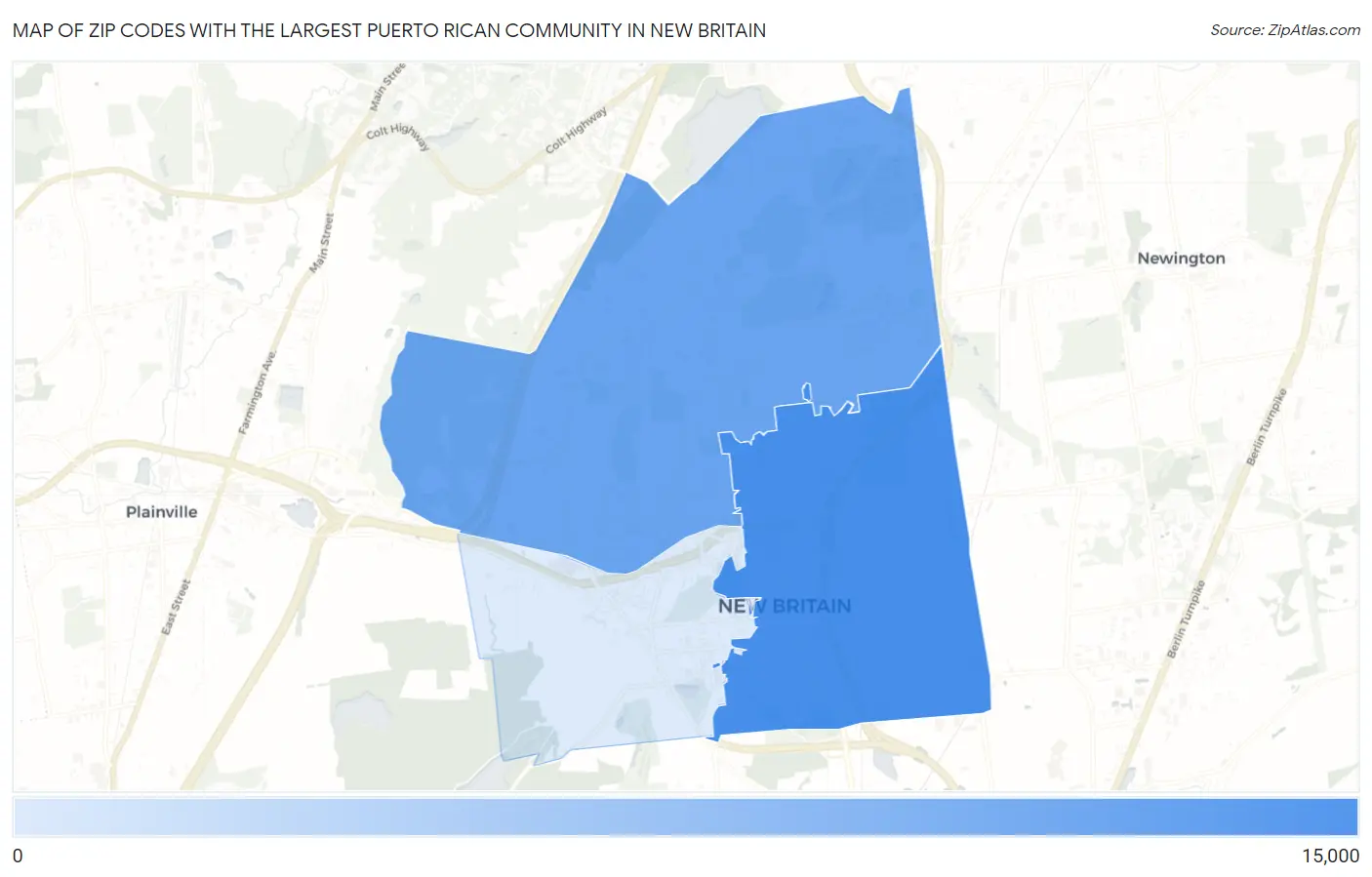 Zip Codes with the Largest Puerto Rican Community in New Britain Map
