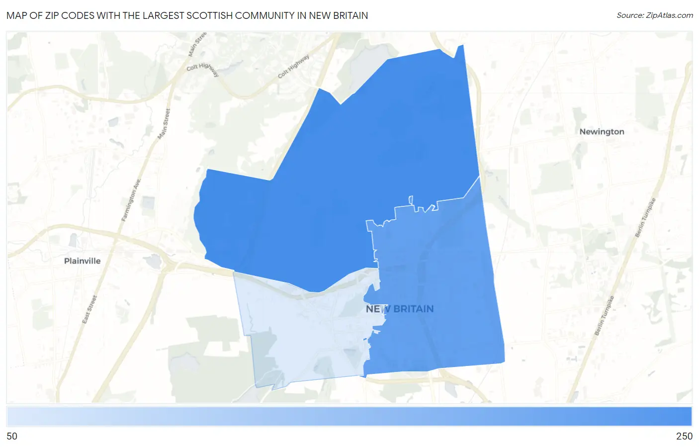 Zip Codes with the Largest Scottish Community in New Britain Map