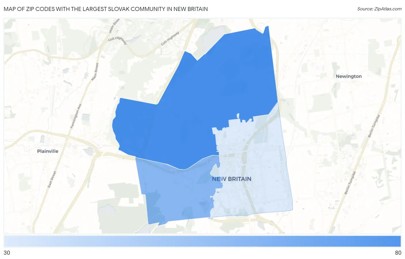 Zip Codes with the Largest Slovak Community in New Britain Map