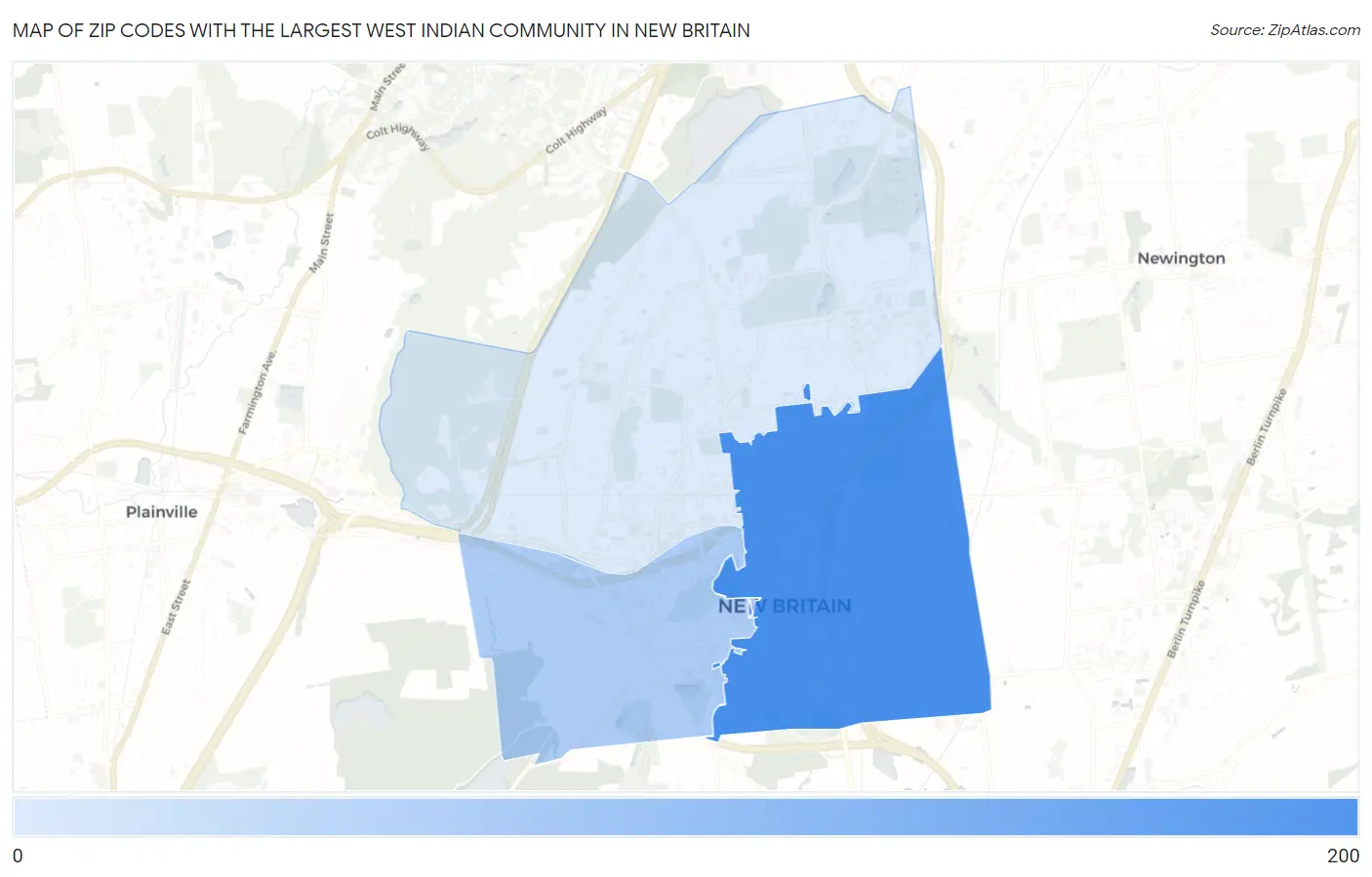 Zip Codes with the Largest West Indian Community in New Britain Map