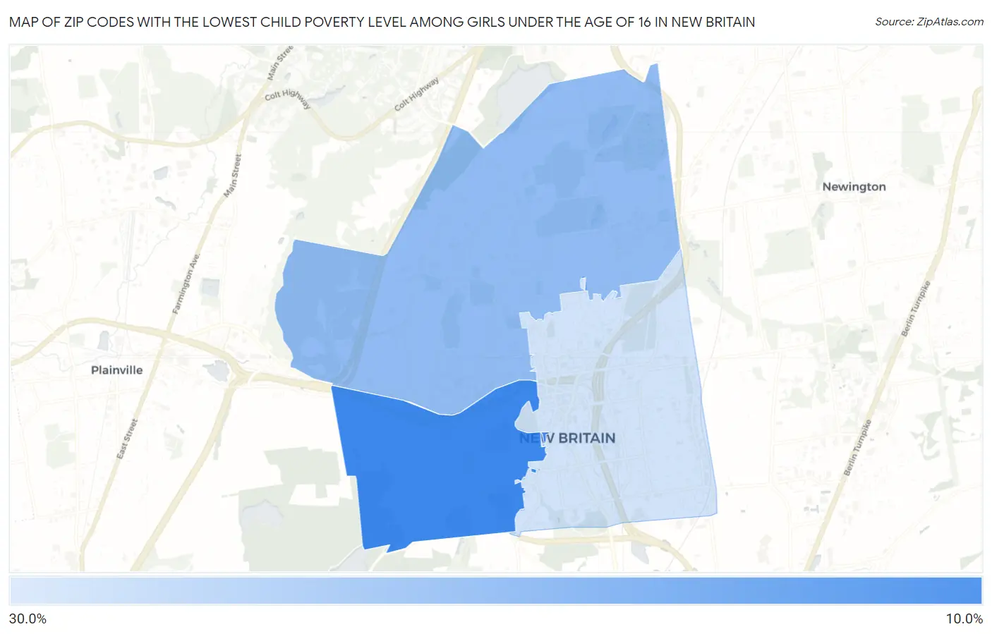 Zip Codes with the Lowest Child Poverty Level Among Girls Under the Age of 16 in New Britain Map