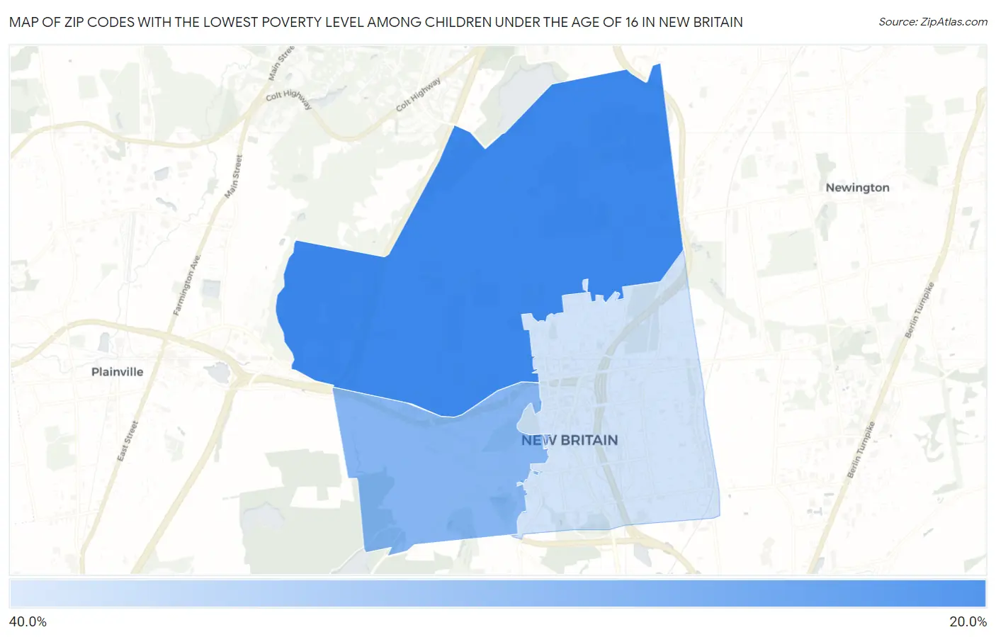 Zip Codes with the Lowest Poverty Level Among Children Under the Age of 16 in New Britain Map