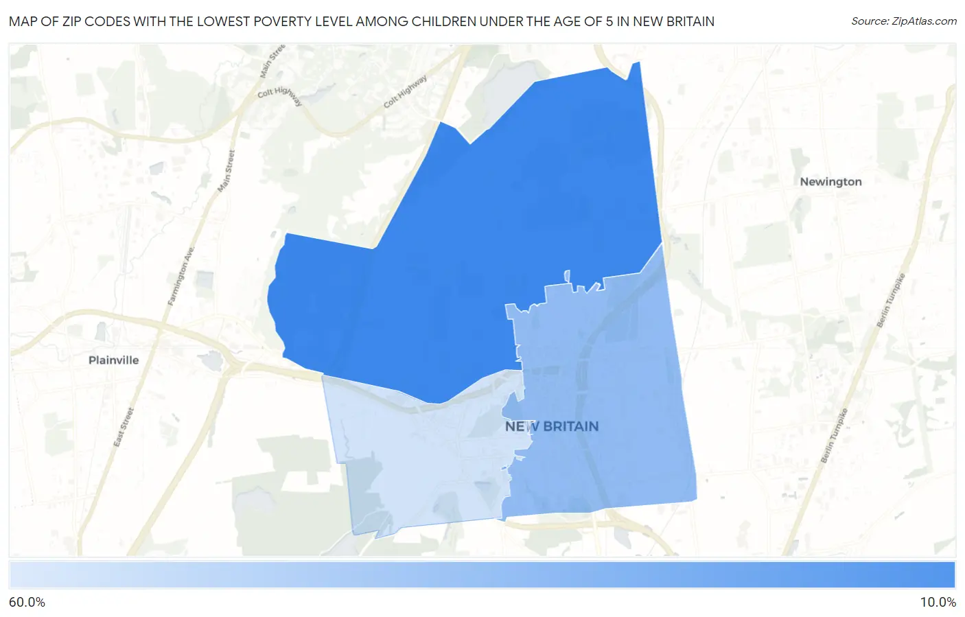 Zip Codes with the Lowest Poverty Level Among Children Under the Age of 5 in New Britain Map