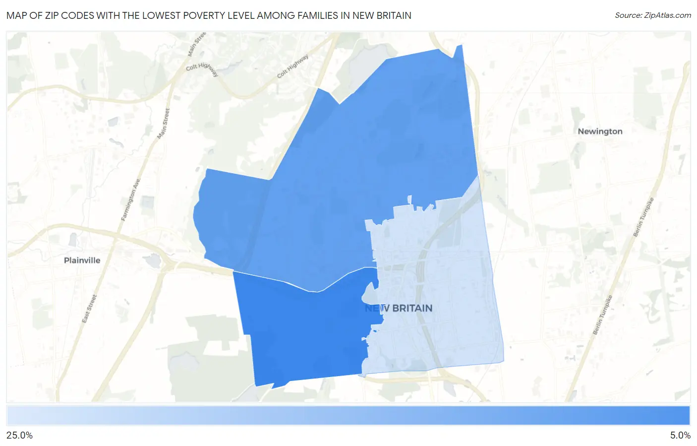 Zip Codes with the Lowest Poverty Level Among Families in New Britain Map