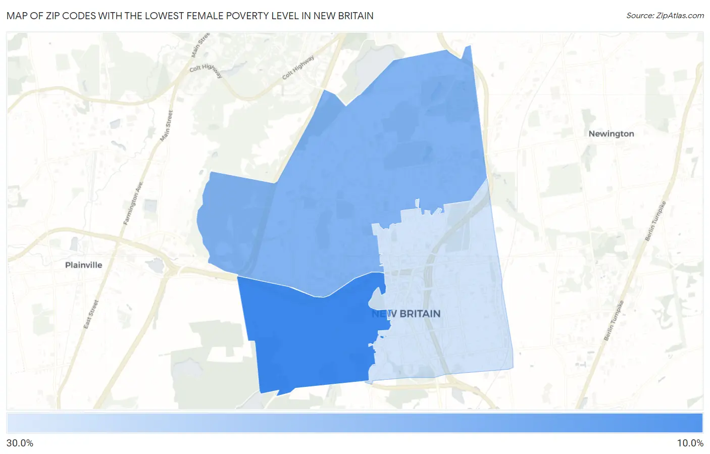 Zip Codes with the Lowest Female Poverty Level in New Britain Map