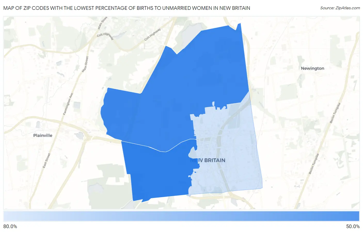 Zip Codes with the Lowest Percentage of Births to Unmarried Women in New Britain Map