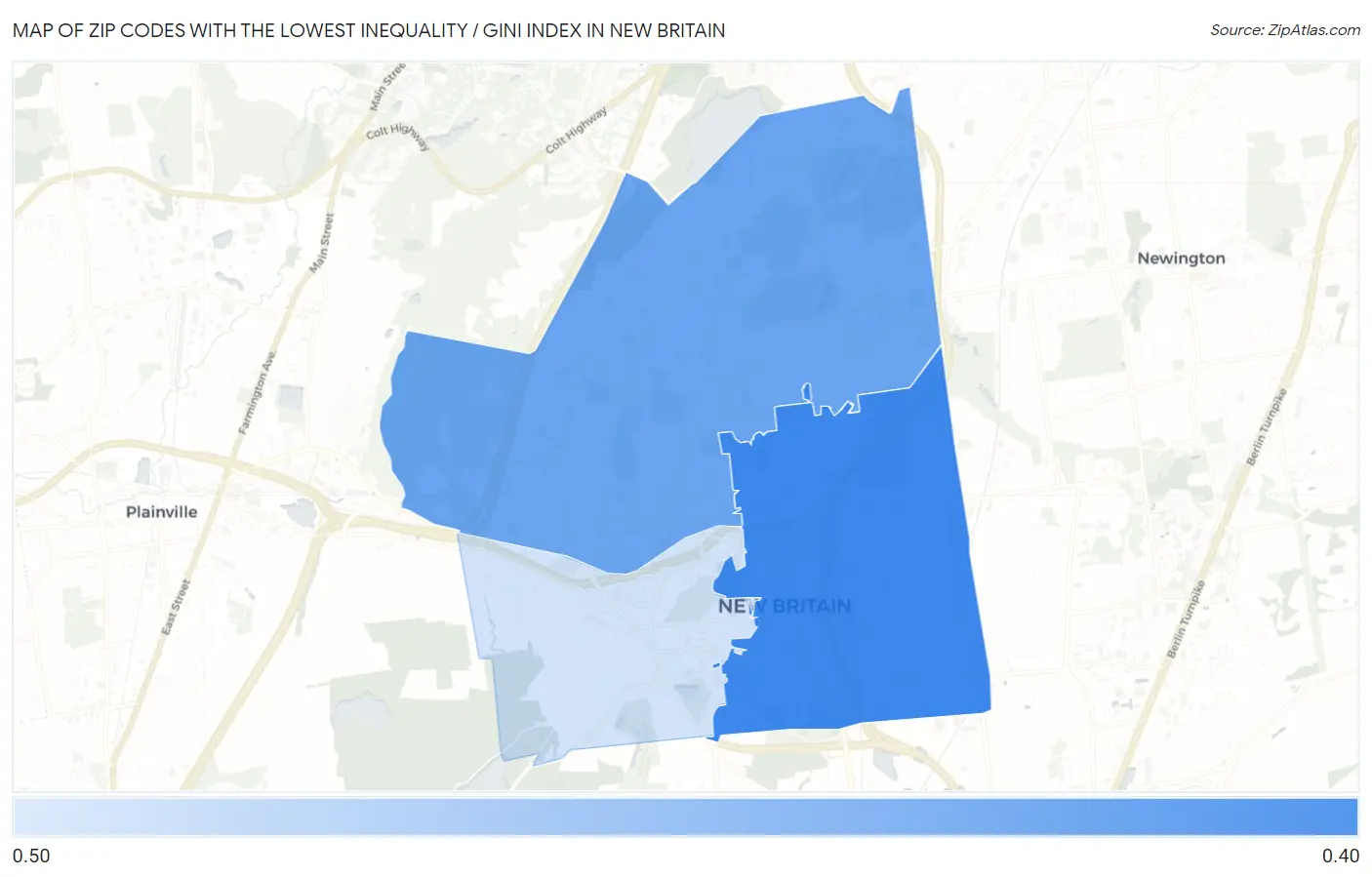 Zip Codes with the Lowest Inequality / Gini Index in New Britain Map