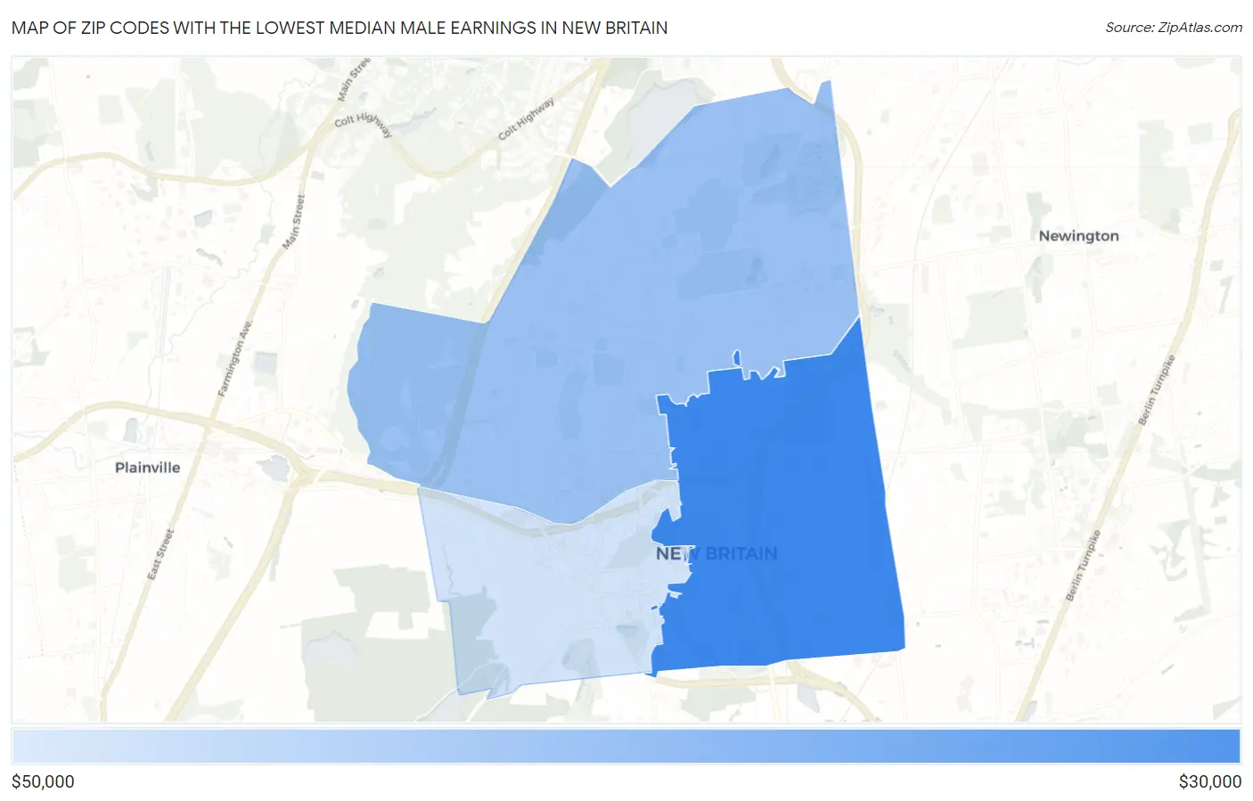 Zip Codes with the Lowest Median Male Earnings in New Britain Map