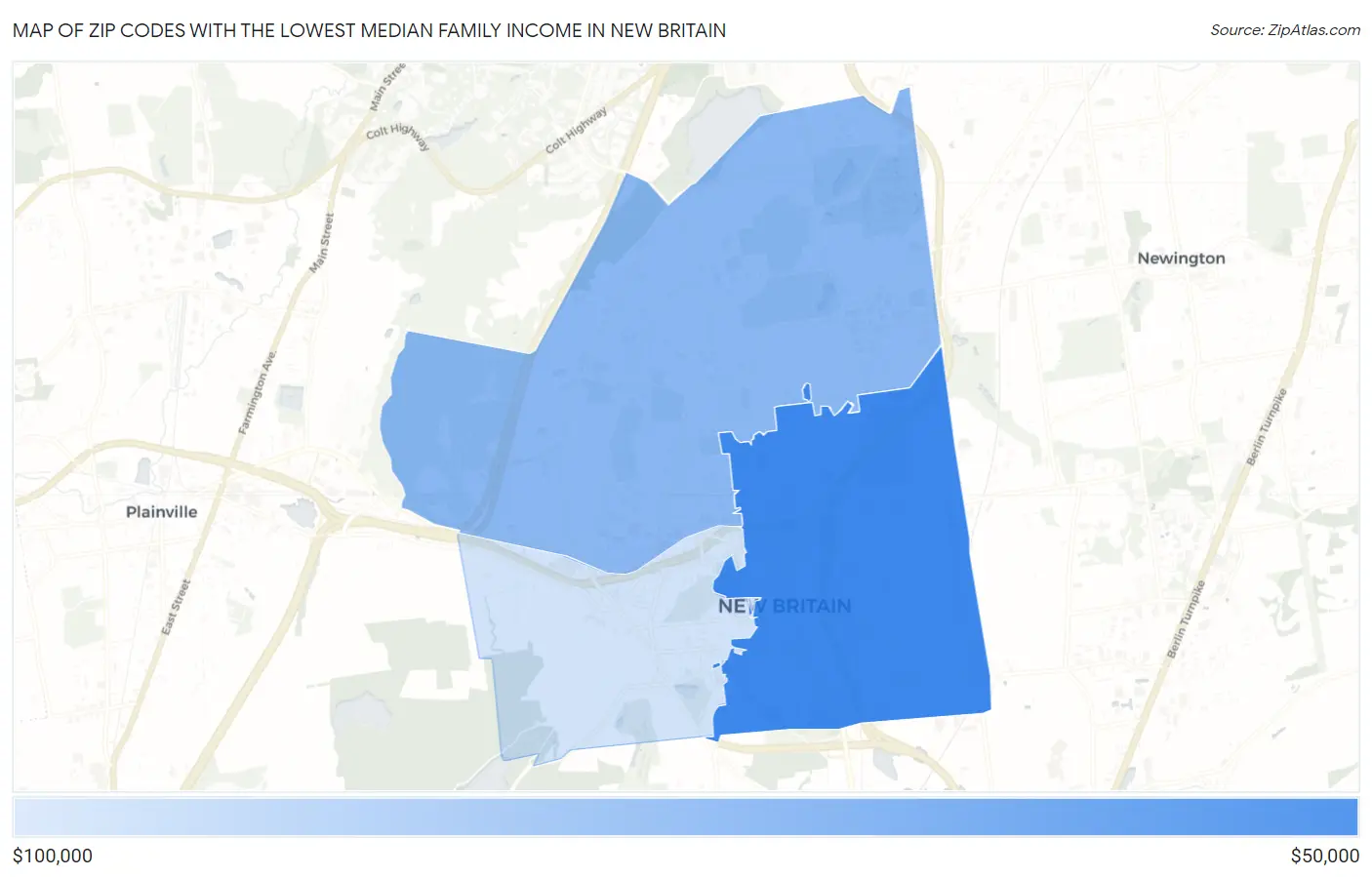 Zip Codes with the Lowest Median Family Income in New Britain Map
