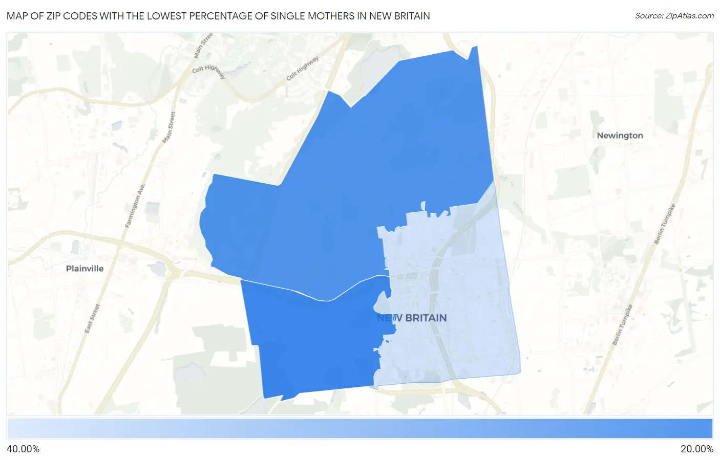 Zip Codes with the Lowest Percentage of Single Mothers in New Britain Map