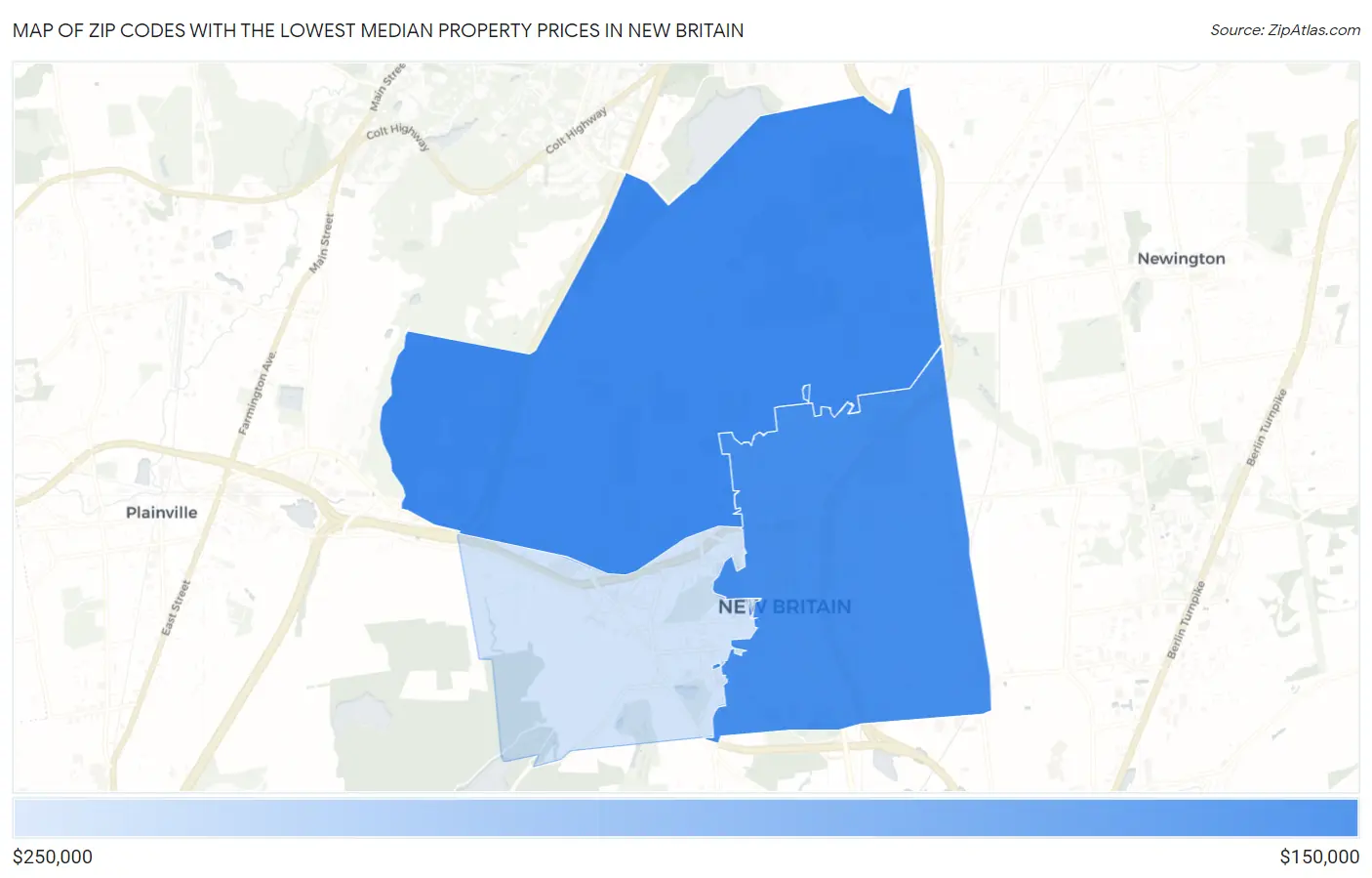 Zip Codes with the Lowest Median Property Prices in New Britain Map