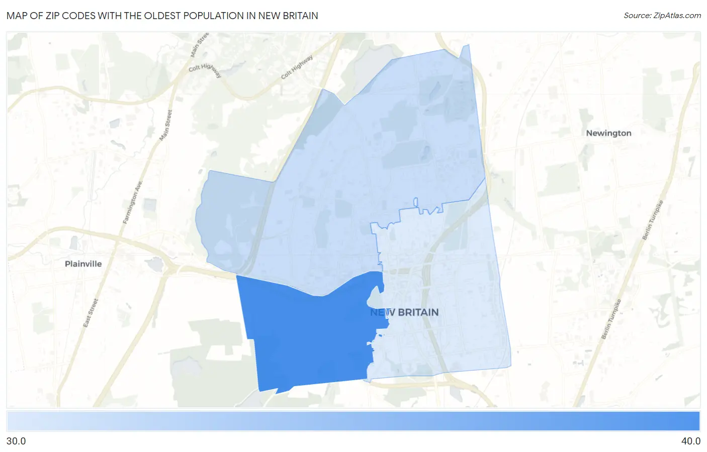 Zip Codes with the Oldest Population in New Britain Map