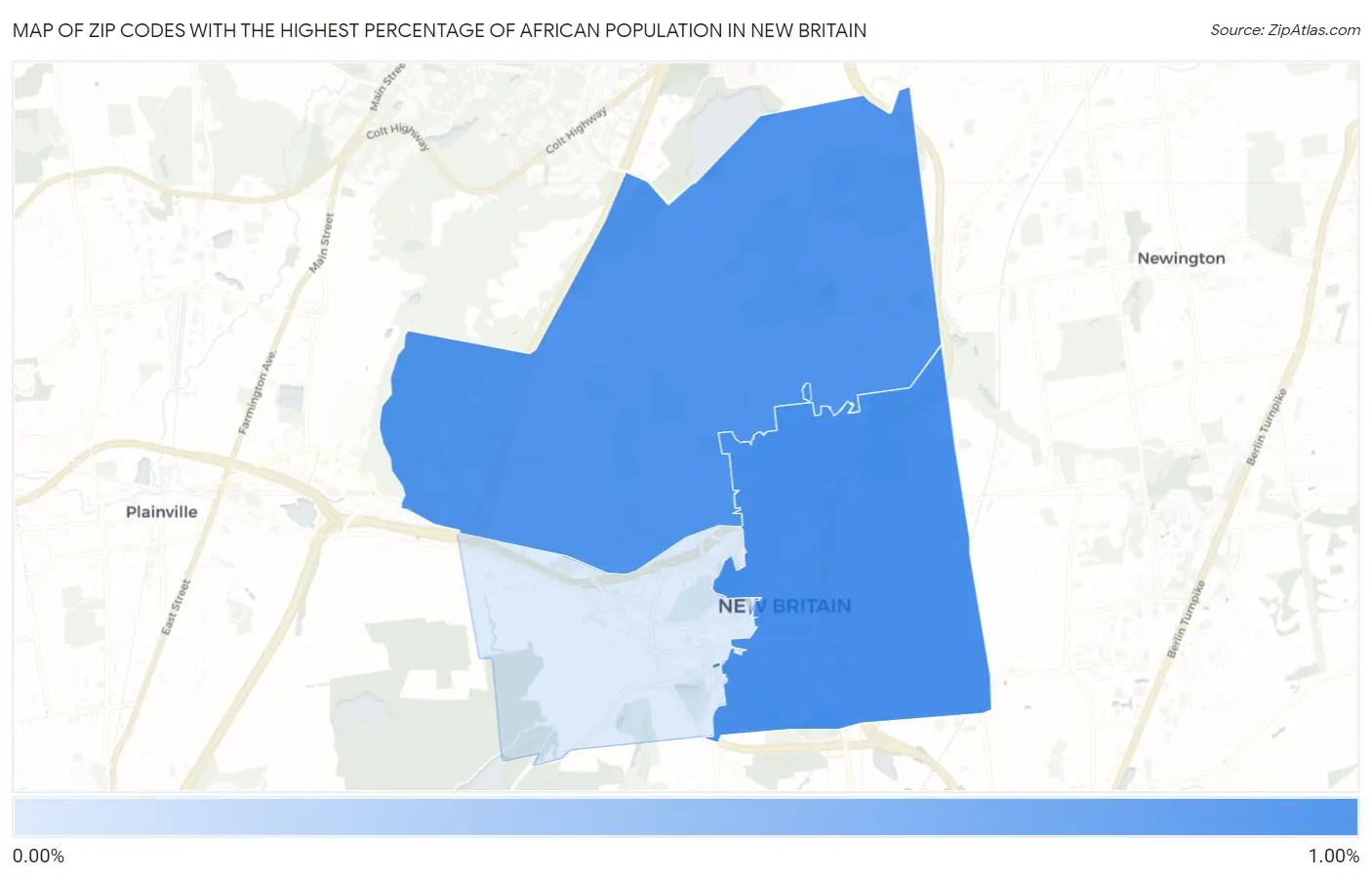 Zip Codes with the Highest Percentage of African Population in New Britain Map