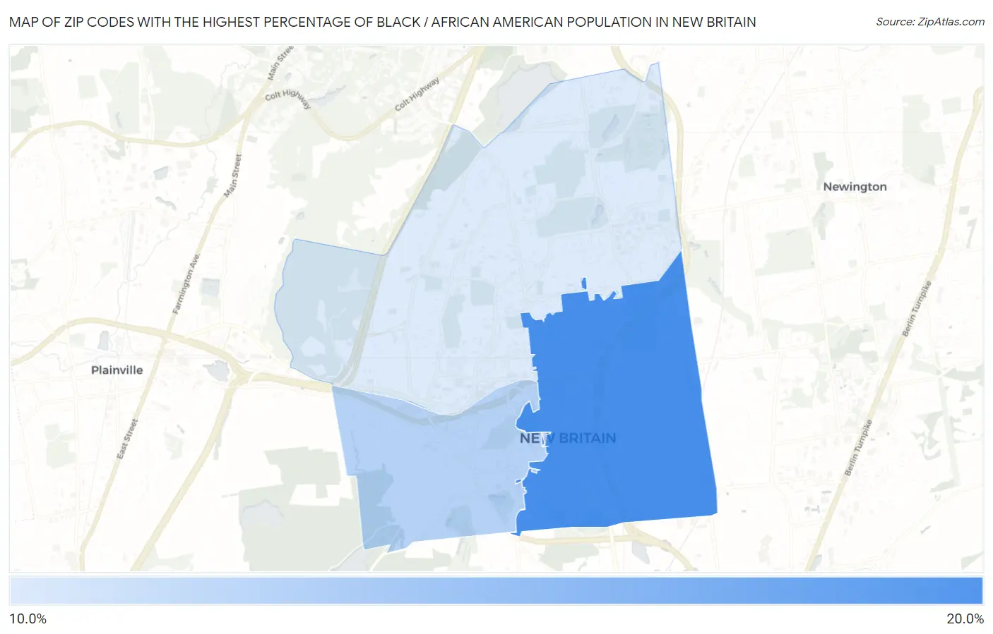 Zip Codes with the Highest Percentage of Black / African American Population in New Britain Map