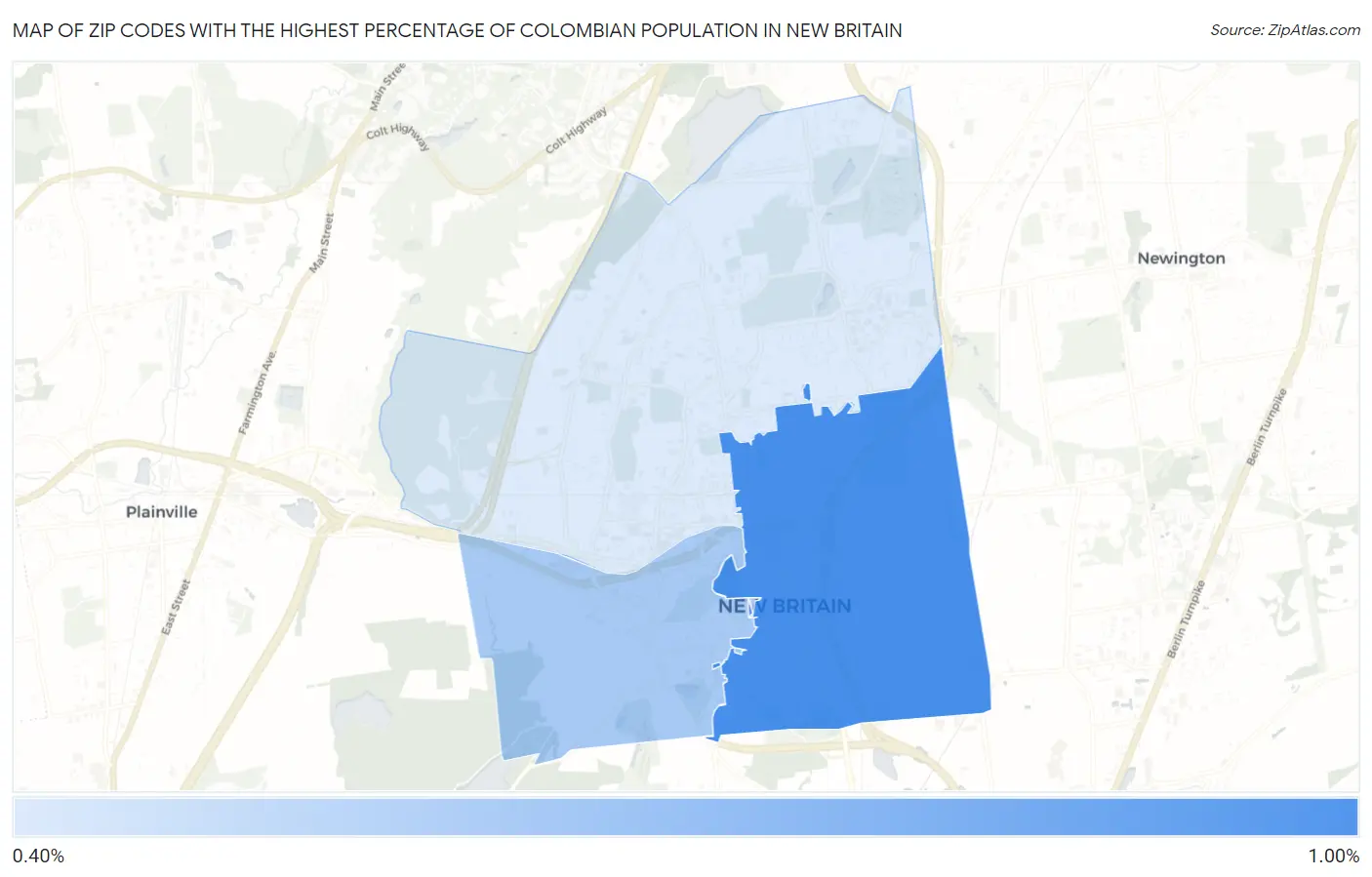 Zip Codes with the Highest Percentage of Colombian Population in New Britain Map
