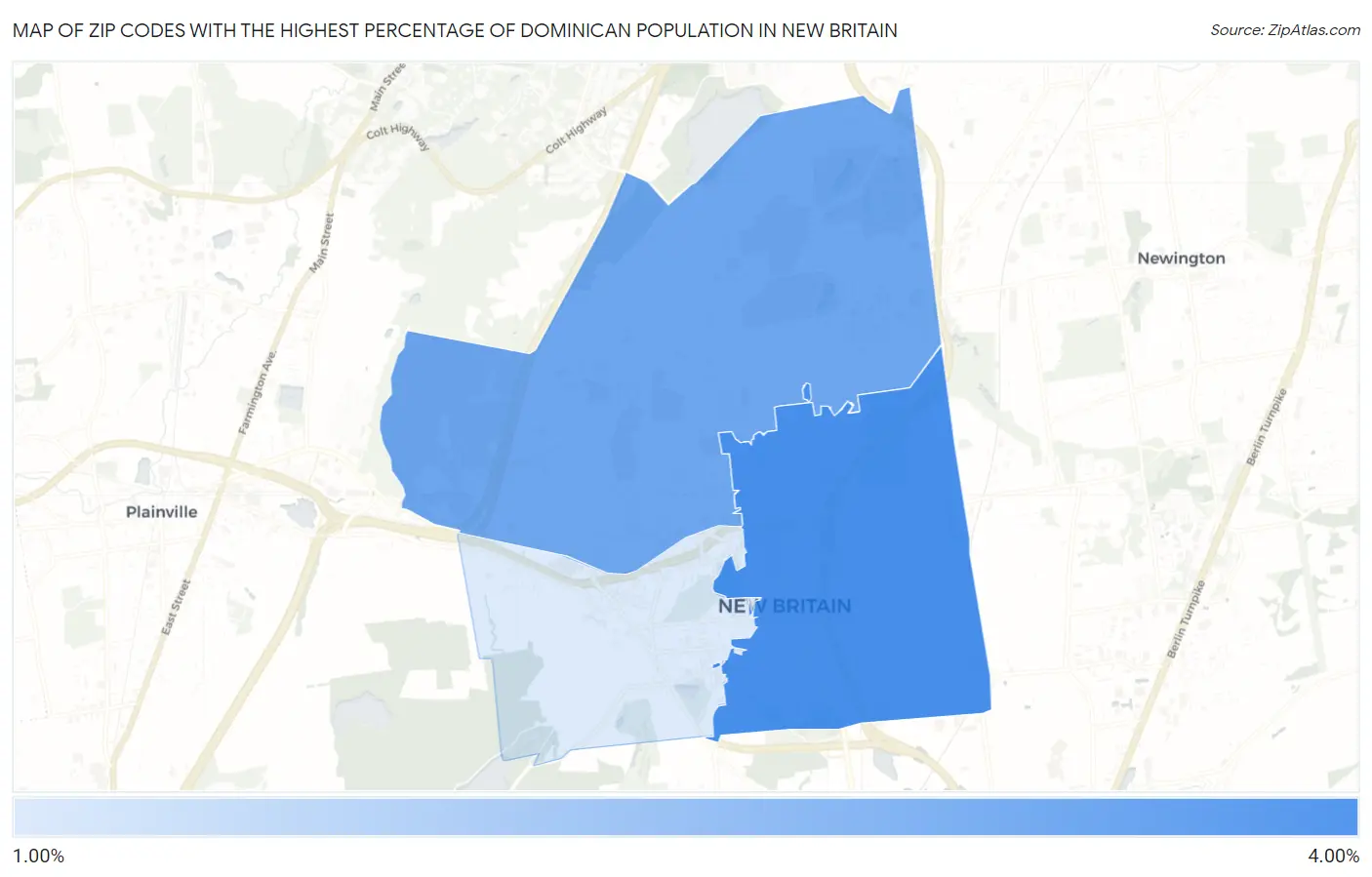 Zip Codes with the Highest Percentage of Dominican Population in New Britain Map