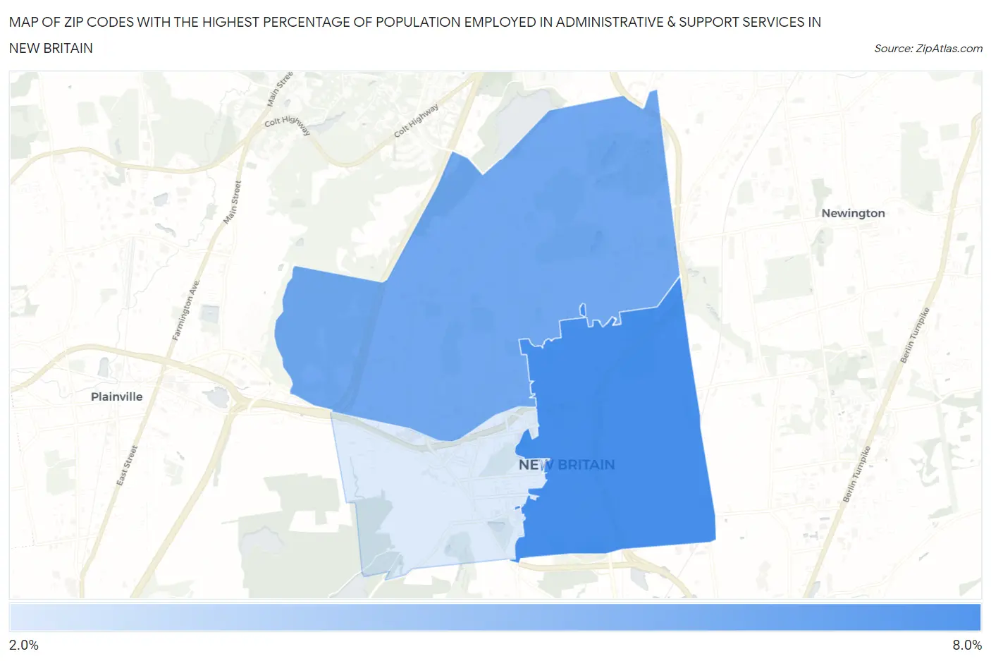 Zip Codes with the Highest Percentage of Population Employed in Administrative & Support Services in New Britain Map