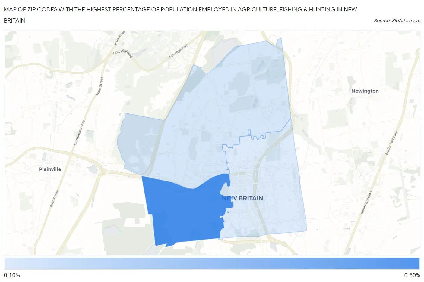 Zip Codes with the Highest Percentage of Population Employed in Agriculture, Fishing & Hunting in New Britain Map