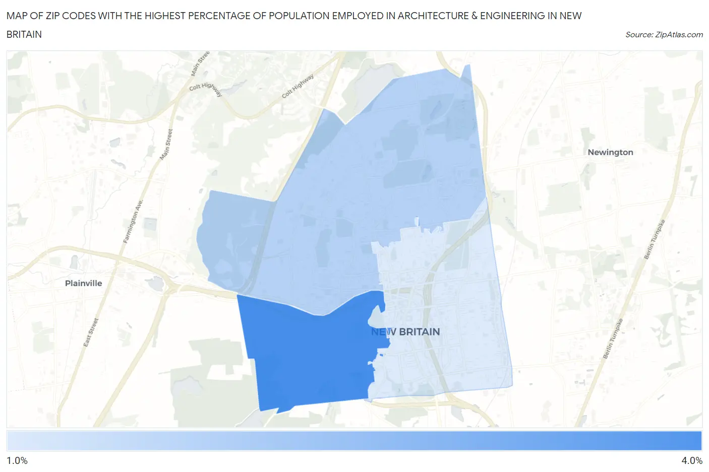 Zip Codes with the Highest Percentage of Population Employed in Architecture & Engineering in New Britain Map