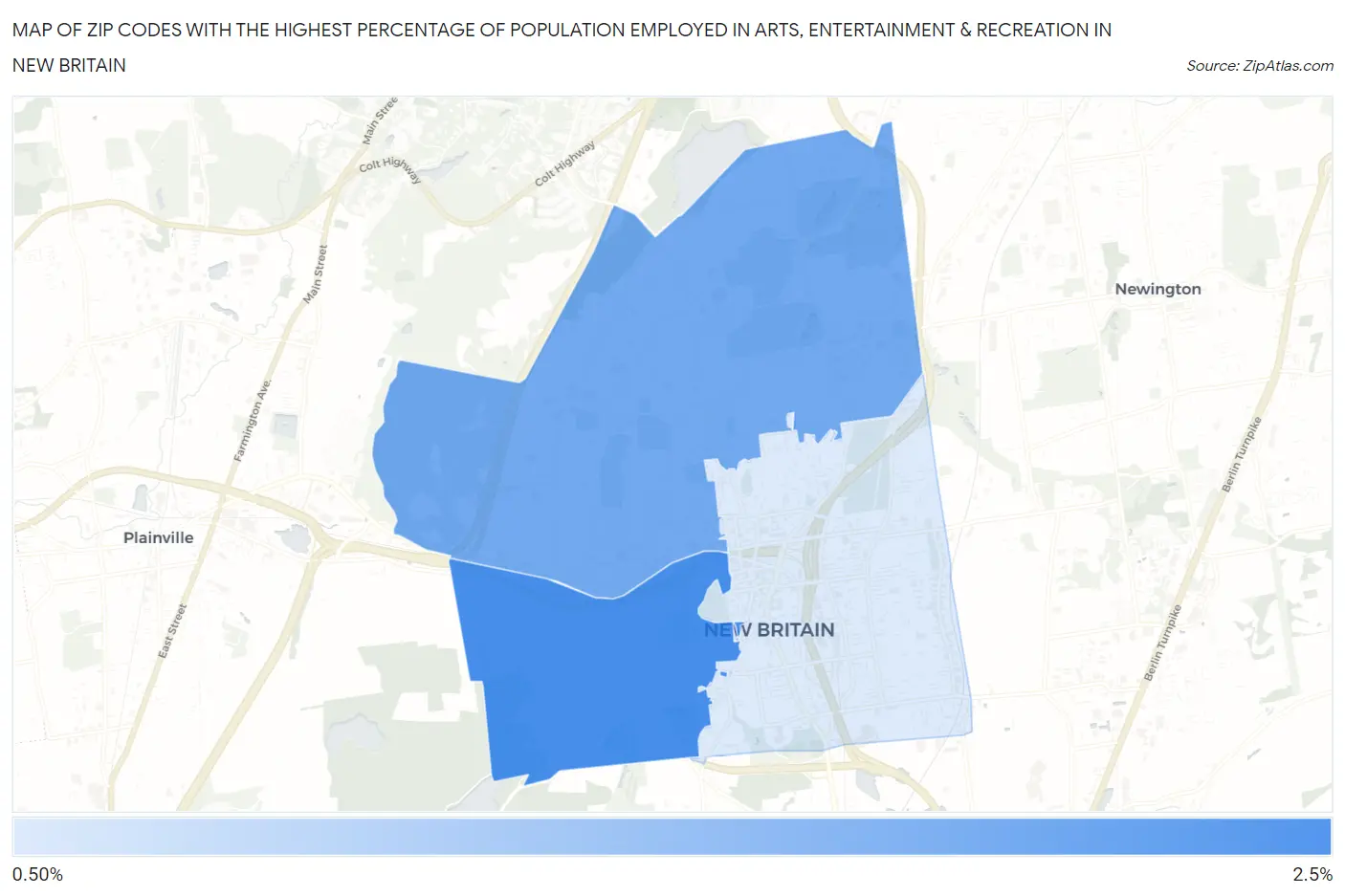 Zip Codes with the Highest Percentage of Population Employed in Arts, Entertainment & Recreation in New Britain Map